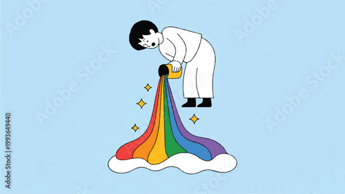 Cartoon man pouring rainbow colors from a jug on a cloud