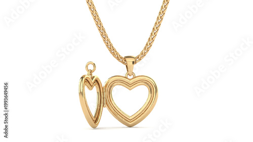 gold heart shaped locket and chain on white background