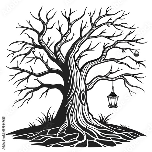 The Hollow’s Cursed Tree black & white coloring page vector illustration