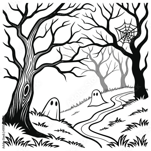 Ghosts in the Hollow Woods black & white coloring page vector illustration