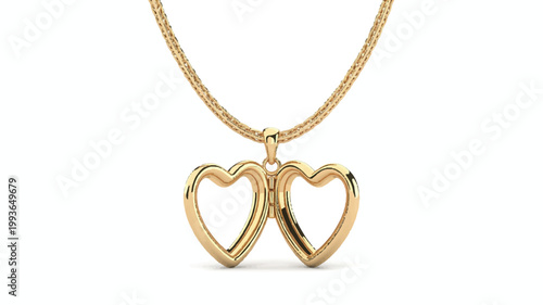 gold necklace with two heart shaped pendants connected together on chain