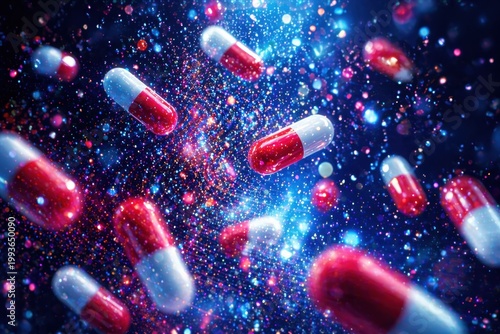 Swirling capsules and glitter particles in abstract blue and purple background.