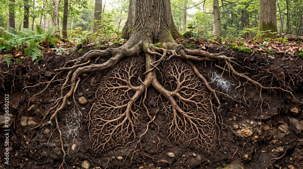 Fototapeta premium Tree roots, underground forest ecosystem, soil and root system, forest floor landscape