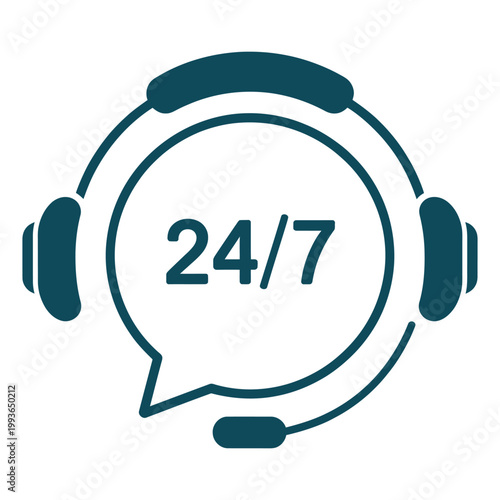 Teal headset with 24/7 support icon and speech bubble Symbolizes customer service, communication, and constant availability.