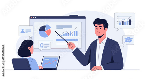Business presentation with charts and graphs, man teaching woman