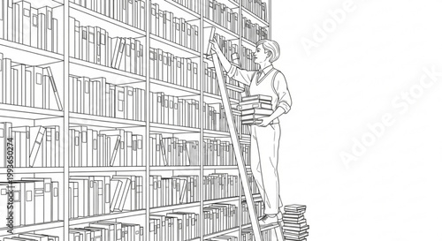 Librarian reaching for books on tall shelf with ladder bookshelf librarian knowledge education learning information research collection organization shelving reaching retrieving activity