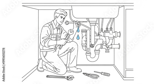 Plumber fixing leaking sink pipes with wrench and pliers plumbing dripping maintenance equipment bathroom drainage connection profession handyman activity illustration household industry