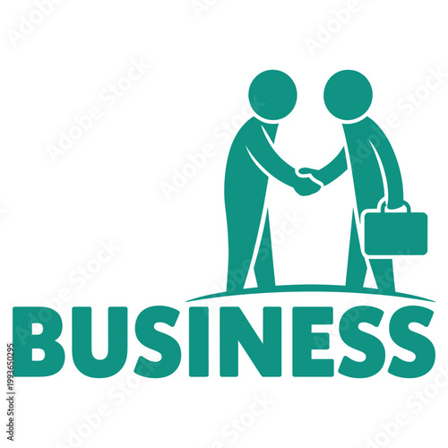 Teal business handshake icon with briefcase and text BUSINESS Symbolizes agreement, partnership, professional connection.