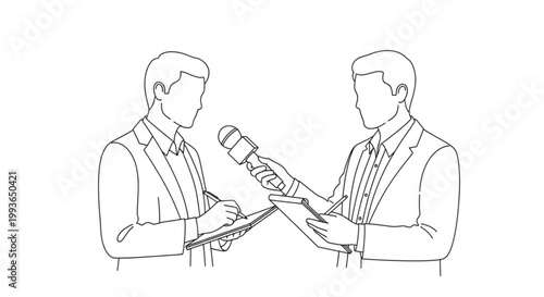 Journalist interviewing someone holding a microphone and taking notes on a notepad with interview journalist reporter microphone recording broadcasting conversation question information