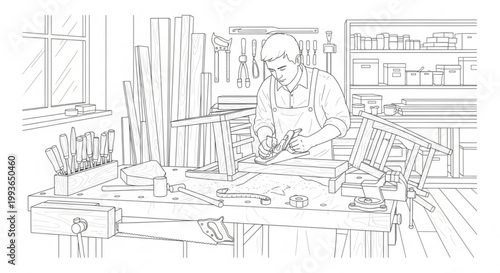 Woodworker using a hand plane to shape wood on a workbench in a workshop with hand tool woodworking carpenter craftsman workshop workbench building furniture woodwork measuring industry