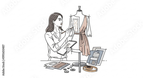 Fashion designer sketching a dress design on a notepad next to a mannequin and fabric swatches with designer sketching mannequin swatches clothing creation illustration measuring creative
