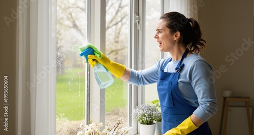 Woman making effort cleaning window during spring housework
