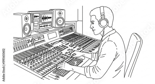 Sound engineer mixing audio on professional console with headphones line art engineer headphones production recording equipment technology soundboard occupation illustration speakers