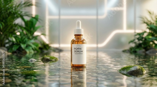 Vegan PDRN cosmetic serum bottle in shallow water with green reflection. High-end ethical beauty product for natural skincare. Futuristic background.
