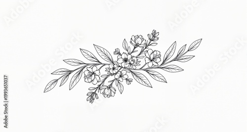 Floral branch and minimalist flowers for logo or tattoo. Hand drawn line wedding herb, elegant leaves

