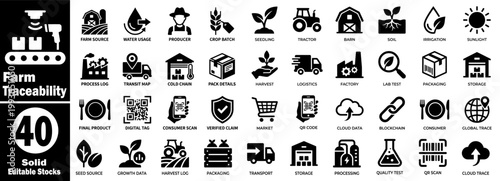 Farm traceability icon set. Black solid glyph style symbols for agriculture supply chain management, including logistics, harvest distribution, and storage.
