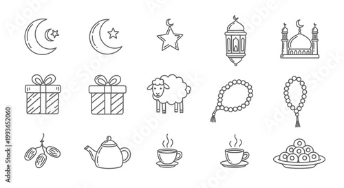 Eid Mubarak Muslim Holiday Icons Set.