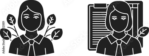 Environmental consultant icons feature a professional woman paired with organic leaf elements and administrative office documents.