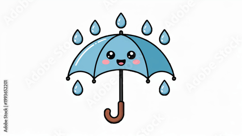 Cute cartoon umbrella with smiling face on handle and raindrops around  weather icon
