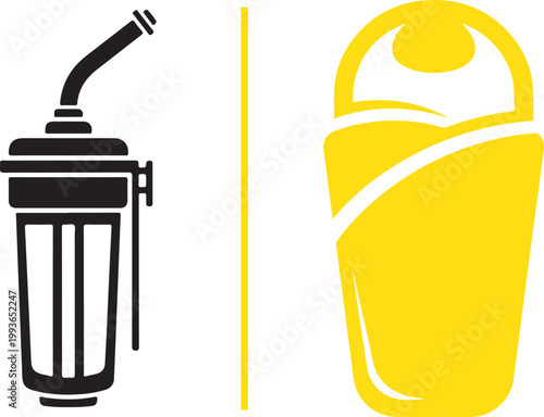 Minimalist vector icons of a portable water filter and a sleeping bag isolated on white background