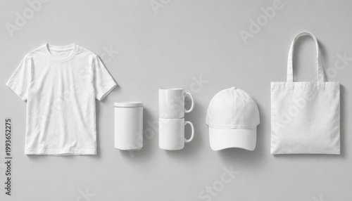 White branding identity set featuring tshirt canister ceramic mugs baseball cap and bag.