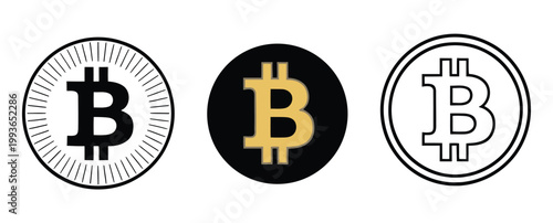 Bitcoin cryptocurrency icon set, decentralized virtual currency vector collection featuring golden coins and symbols in realistic, flat, and line styles for digital payment, blockchain transactions, a