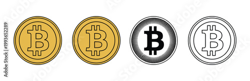 Bitcoin cryptocurrency icon set, decentralized virtual currency vector collection featuring golden coins and symbols in realistic, flat, and line styles for digital payment, blockchain transactions, a