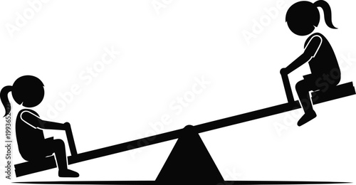 Two girls silhouette playing on seesaw teeter totter playground, happy children fun outdoor activity kids concept vector