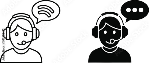 Customer service agents wearing headsets are depicted in these bold monochrome icons representing professional communication support.