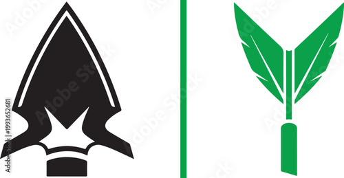 Black arrowhead and green arrow fletching vector icons isolated on white background