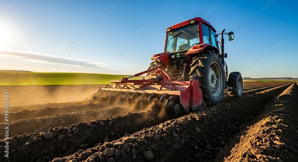 Fototapeta premium Red tractor plowing field under blue sky during daytime.