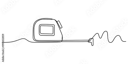 A continuous single line drawing of a measuring tape tool used by construction workers for accurate dimensioning. Vector, illustration