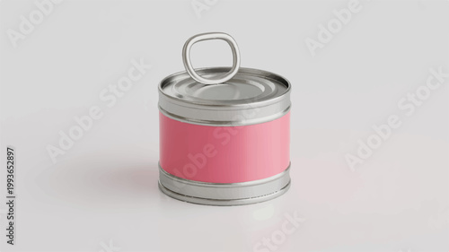 Pink label metal can with pull tab on light background