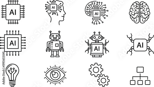 Technology icons featuring microchips, robotic assistants, and human brain patterns illustrate the integration of advanced automation.