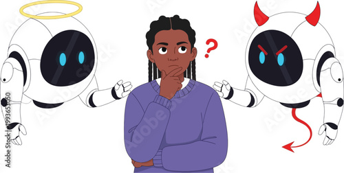 Person stands thoughtfully between two robots representing the complex moral dilemmas and dualistic nature of artificial intelligence.