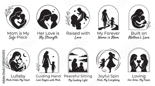 Mother child silhouette love typography set with quotes safe place strength home bonding care nurturing emotion family icons black white vector Concept of mothersday love family gratitude connection