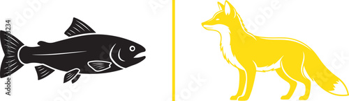 Black trout fish and yellow fox vector icons isolated on white background
