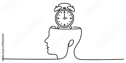 A single line art drawing of a human profile with a classic alarm clock resting inside the open cranium space Vector, illustration