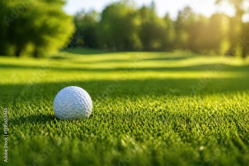 White golf ball resting on lush green grass of scenic fairway with blurred forest background.