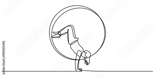 A single line drawing of an athletic person performing a handstand inside a large circle for artistic display. Vector, illustration
