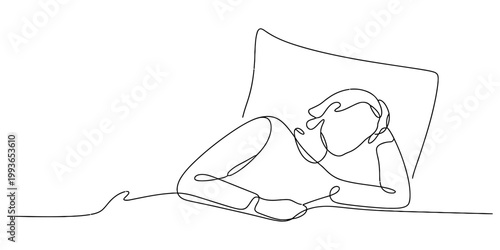 A single continuous line drawing of a person resting peacefully in bed with a soft pillow under their head area. Vector, illustration