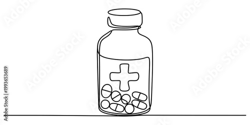 A single continuous line drawing of a medicine bottle filled with various capsules on a simple flat background. Vector, illustration