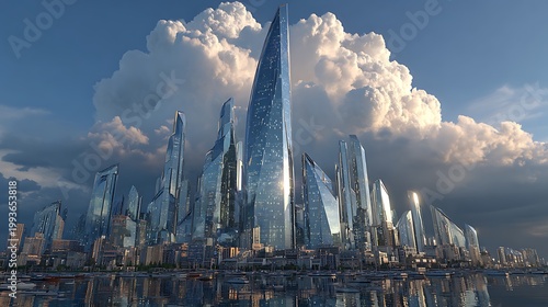 A vibrant city skyline with towering skyscrapers and a dramatic sky filled with fluffy clouds, set against a reflective body of water.