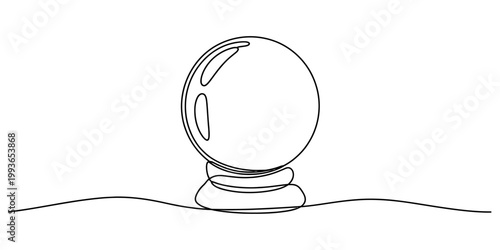 Minimalist continuous line art drawing of a classic crystal ball sitting on a stand against a plain background. Vector, illustration