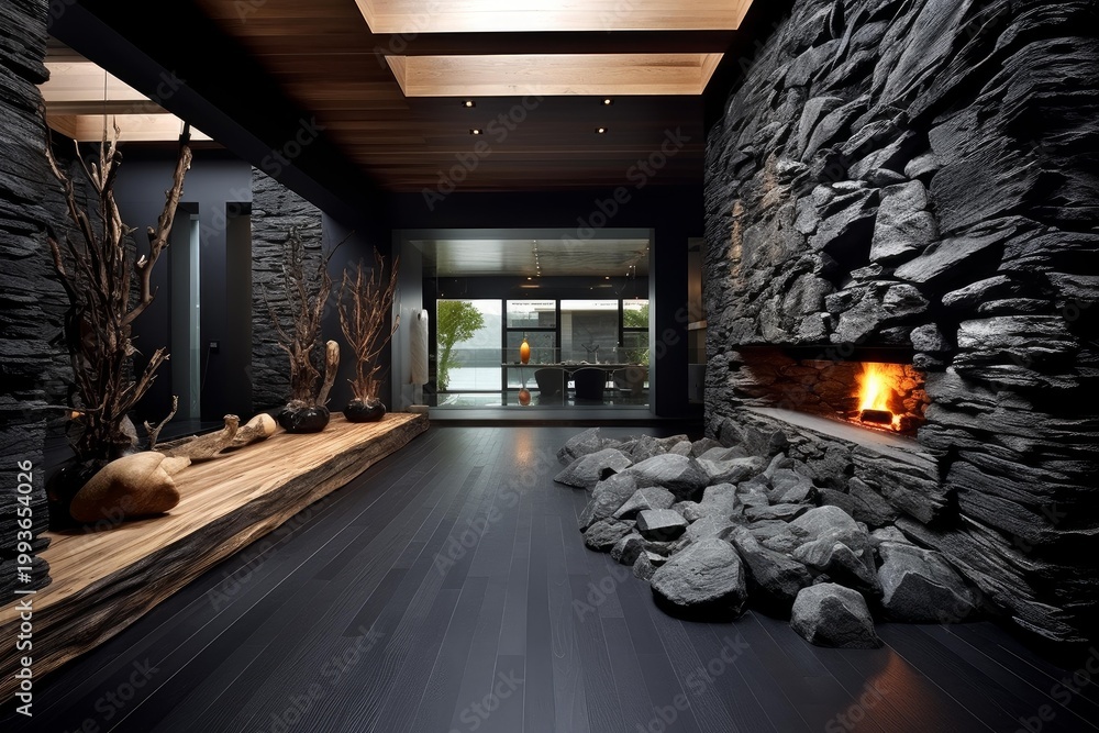 Naklejka premium Luxurious contemporary interior featuring dark wood flooring, stone walls, and a burning fireplace