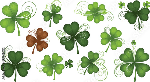 Decorative Four Leaf Clover Collection with Green Shamrocks, Swirls and St Patrick Day Symbols for Luck Themed Floral Vector Illustration