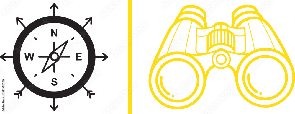 Fototapeta premium Compass and binoculars line art icons for navigation and exploration vector isolated on white background