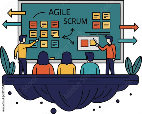 Agile Scrum Team Working on Kanban Board for Software Development Project Management Concept