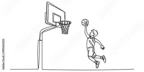 A single continuous line drawing of a young athlete jumping high to dunk a basketball into a hoop in the arena. Vector, illustration