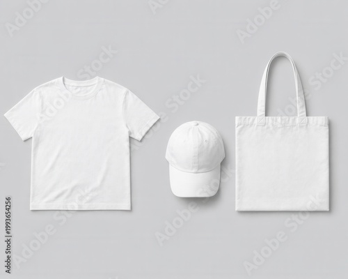 White t-shirt cap and tote bag arranged on gray background.